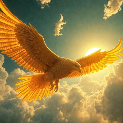 Primary subject: A large, golden eagle flying through the sky.

Setting/background: The eagle is flying through a cloudy sky, with a sun visible in the background.

Visual style: The image is a digital art or illustration, featuring a detailed and vibrant eagle.

Colors and mood: The eagle is predominantly golden, and the overall atmosphere is dynamic and majestic.
